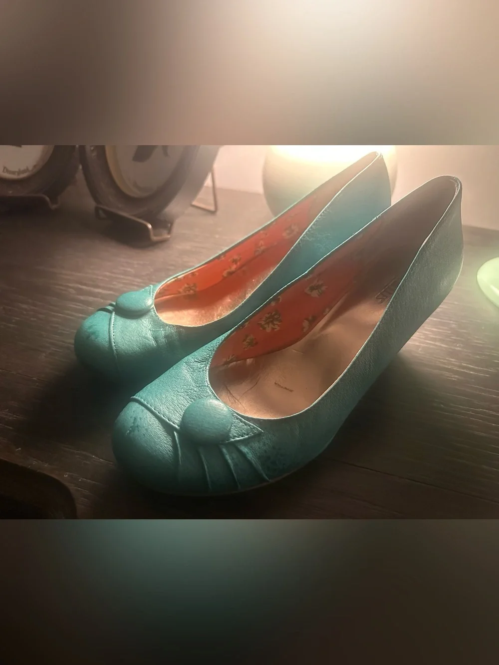 Anthropologie Seychelles Teal Aqua Leather Wedge Heels Retro Button Pinup Sz 9